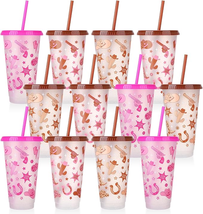12 Pcs Western Cowgirl Cups with Lids and Straws 24 oz Cowgirl Party Favors Drinking Cups for Valentine's Day Western Party Favors Wedding Birthday Party Supplies