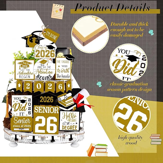 22 Pcs 2026 Graduation Tiered Tray Decor Sets Wooden Graduation Class of 2026 Table Decorations Senior 2026 Gown Diploma Farmhouse Signs for Home Shelf Party Office Desk(Gold)