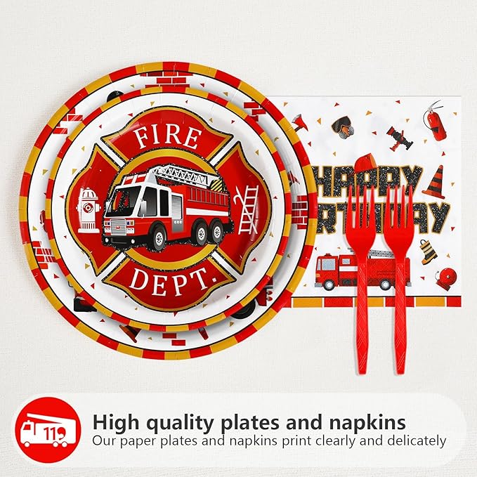 Grencian 96Pcs 4th Fire Truck Birthday Party Supplies Sound Alarm 4th Birthday Plates and Napkins Tableware Set Red White Disposable Decoration for 4 Years Old Fire Theme Fireman Firetruck Serve 24