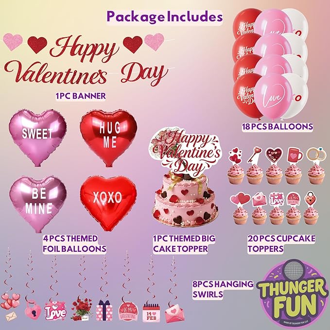 Happy Valentines Day Decorations Party Set Red Heart Decor - Themed Red Pink Balloons Banner Cake Topper Cupcake Toppers Foil Balloons Hanging Swirls Ornaments Valentine Supplies Stuff