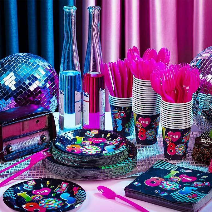 Yungyan 252 Pcs Retro 80s Plates and Napkins Set I Love the 1980s Party Decorations Back to the 80s Napkins Plates Cups Knives Spoons Forks 1980s Neon Party Tableware Supplies Serves 36 Guests