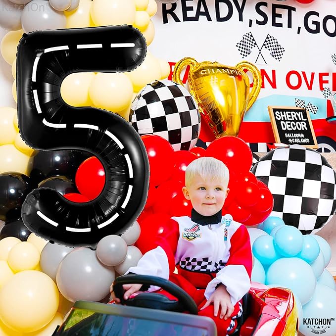 KatchOn, Number 5 Race Car Black Balloon - Giant 40 Inch, Party Supplies, Hotwheel Birthday Decorations, Unisex, All Ages, 3 Pieces