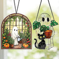 2 Cute Halloween Decoration Suncatchers, 6" Spooky Cute Ghost Plant Window Hangings, Ghost with Black Cat Greenhouse, Pumpkin Ornaments Home Garden, Gifts for Mom, Plant Lovers, Women, Girl SS358