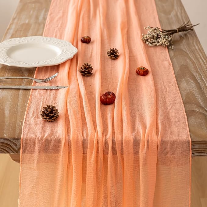 Keketoarrange Fresh Salmon Easter Spring Cheesecloth Table Runner Valentines Decor Peach Echo Gauze 120 Inch 10 FT Boho Table Runner for Wedding Baby Shower Bridal Shower Party Sheer Home Decorations