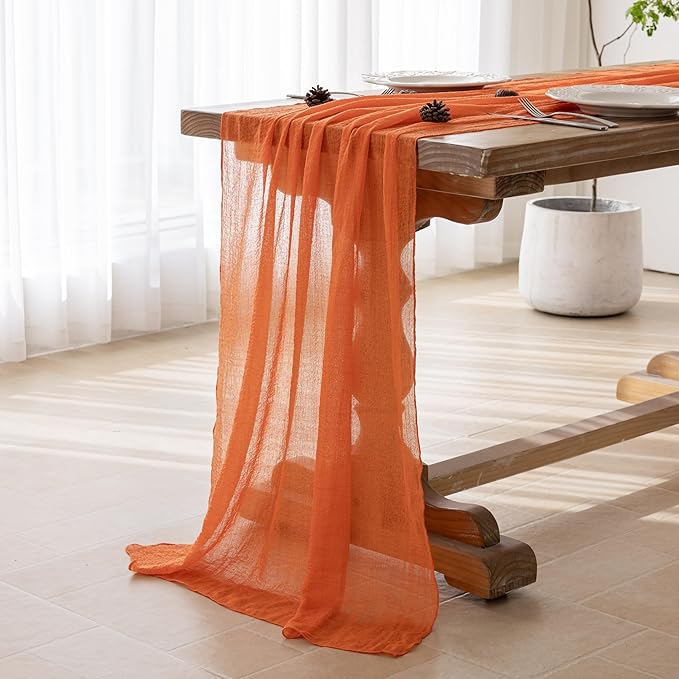 Keketoarrange 6pcs Orange Gauze Rustic Cheesecloth Table Runner 120 Inch 10 FT for Wedding Baby Shower Bridal Shower Birthday Engagement Garden Outdoor Party Long Sheer Boho Decorations