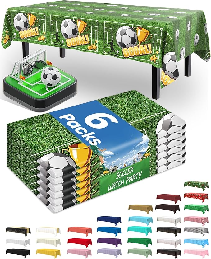 Pureegg Soccer Party Decorations 2026 Plastic Tablecloth Disposable 6 Pack, Rectangle Table Cover 54 x 108 Inch, Waterproof Plastic Table Cloth for Soccer Birthday Party, Green and White