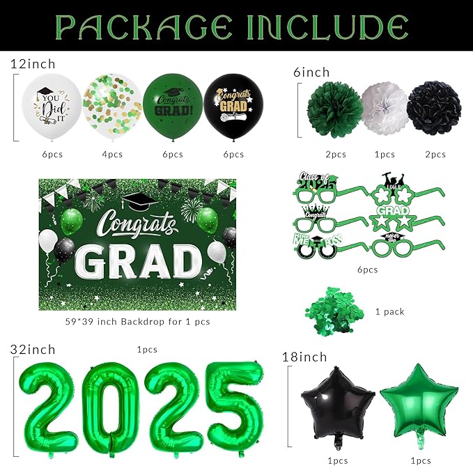 Green Black Graduation Decorations 2025 - Graduation Latex Balloons with Congrats GRAD Backdrop Banner, 2025 Number Balloons, Paper Pom Poms for College Celebrations Graduations Party Supplies