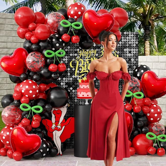 JOGAMS 170Pcs Betty Party Decorations,Red and Black Party Decorations with Confetti Red Heart Foil Polka Dot Green 260 Long Balloons for Bachelorette Birthday Baby Shower Vintage Retro Party