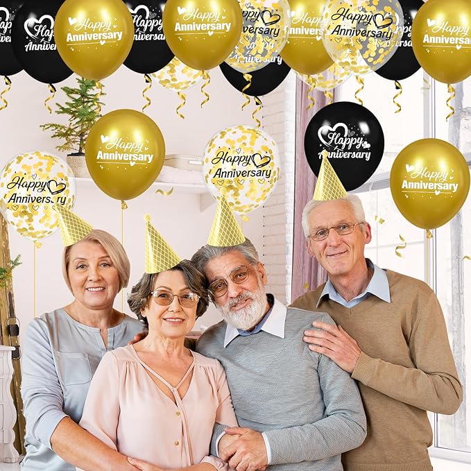 Happy Anniversary Balloons 18Pcs Black Gold Anniversary Party Decorations for Women Men Gold Silver 12Inch Metallic Confetti Anniversary Balloons for Indoor Outdoor Party Supplies