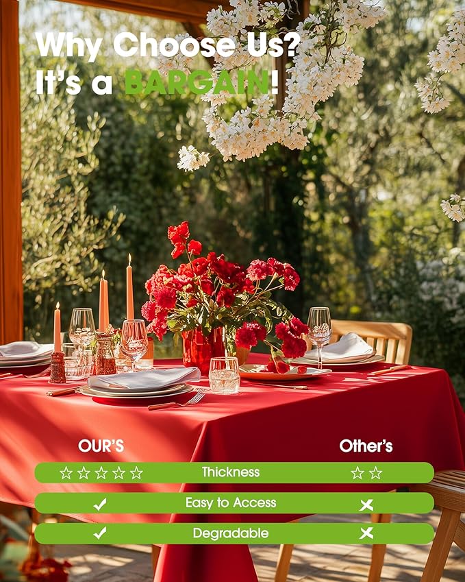 Pureegg Plastic Table Cloth Disposable 6 Pack, 54 x 108 Inch Table Cloths, Valentines Day, Thanksgiving, Christmas Decorations, Fall Tablecloths, Rectangle, Plastic Cover, Waterproof, Red