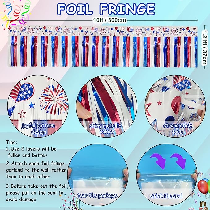 4 Pack 39Ft 4th of July Parade Floats for Trailer Car, Flag Stripes and Stars Patriotic Foil Fringe Garland Tinsel Streamers Banner Table Skirts for 4th of July Graduation Homecoming Party (Flag)