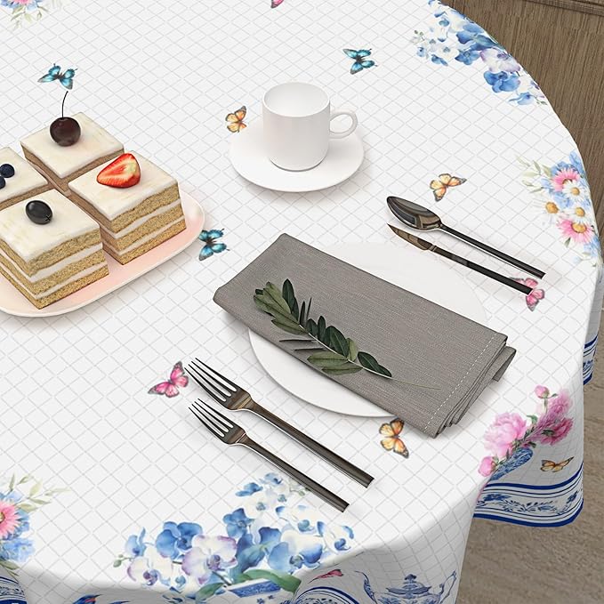 Spring Summer Round Tablecloth Blue Vase Floral Circle Table Cloth 70 Inch Chinoiserie Farmhouse Table Cover Washable Polyester Indoor Decorations for Home Kitchen Dinning Party