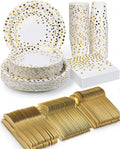 350 Pieces Party Supplies, White and Gold Dots Party Plates Cups and Napkins Sets with Plastic Knives forks spoons, Disposable Tableware Serves 50 Sets for Wedding, Birthday, Graduation, Festivals