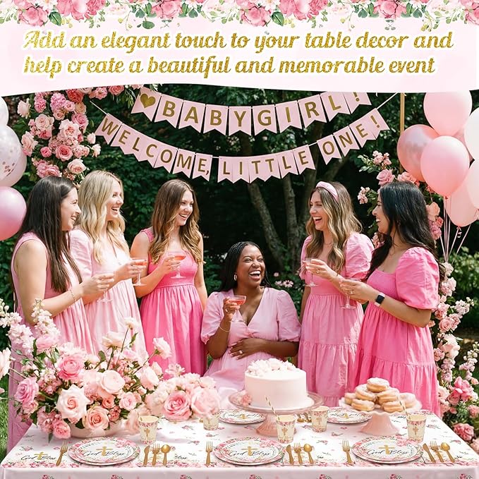 LemonRoad 452 Pcs God Bless Baptism Party Decoration for 50, Floral First Holy Communion Baptism Paper Plate Napkin Cup Tablecloth Cutlery Straw for Christening Baby Shower Party Supplies