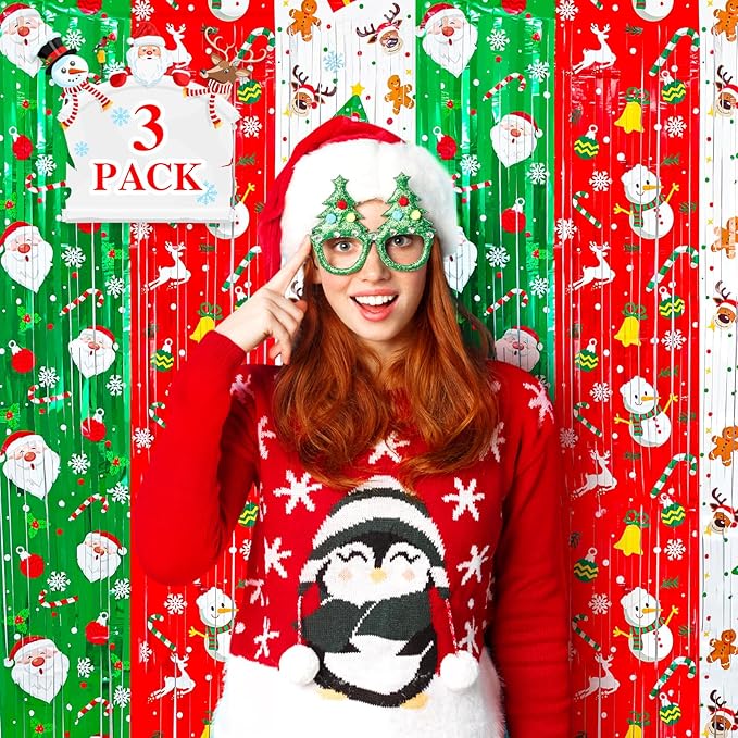 3 Pack Printed Christmas Foil Fringe Curtains, Red Green Tinsel Backdrop with Santa & Reindeer Patterns - Photo Booth Props for Ugly Sweater Party, Christmas in July & Winter Holiday Decor