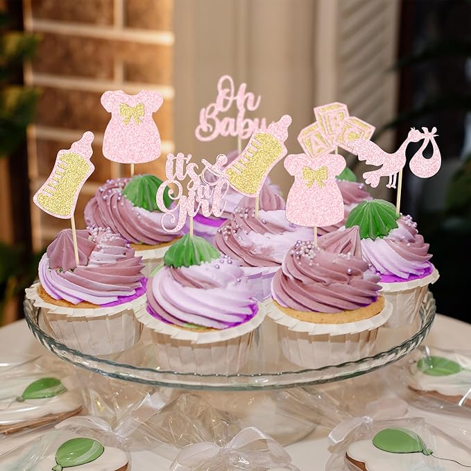 Gyufise 24Pcs Baby Shower Cake Topper, Light Pink, Baby Girl Themed Cupcake Picks for Gender Reveal, Birthday Party Supplies