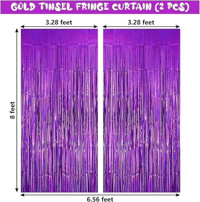 Purple Tinsel Foil Fringe Curtain Backdrop, 2 Pack Metallic Glitter Curtains Party Decorations Streamers, Xmas Purple Backdrop for Birthday Wedding Bridal Shower Homecoming New Year