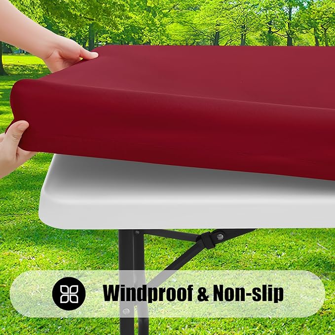 Smiry 2 Pack Rectangle Picnic Table Cloth, Waterproof Elastic Fitted Tablecloths, Washable Polyester Rectangular Patio Table Cover for Camping, Indoor and Outdoor (Wine Red, 30"x72")