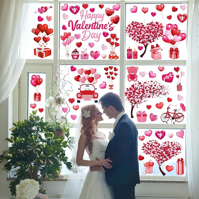 152PCS Valentine Window Clings, 11.8 × 7.8 Inches Heart-Shaped Window Decals, 9 SheetsRomantic Valentines Decorations, Double-Sided Heart Window Stickers for Anniversary, Party Holiday Decor