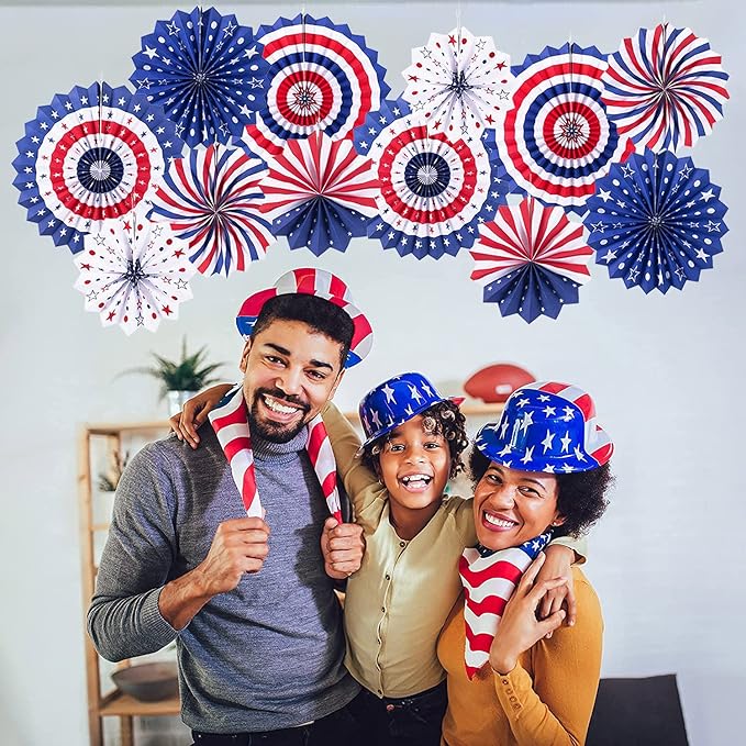 4th of July Patriotic Decorations 12PCS Hanging Paper Fan for USA Patriotic Decorations Independence Day Memorial Day American Theme Party Veterans Birthday Decor Supplies