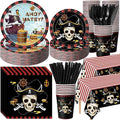 452 Pcs Party Supplies Serve 50 Guests, Paper Plates Napkins Cups Cutlery Plastic Tablecloth Dinnerware for Birthday Wedding Party Decoration(Red Black,Pirate)