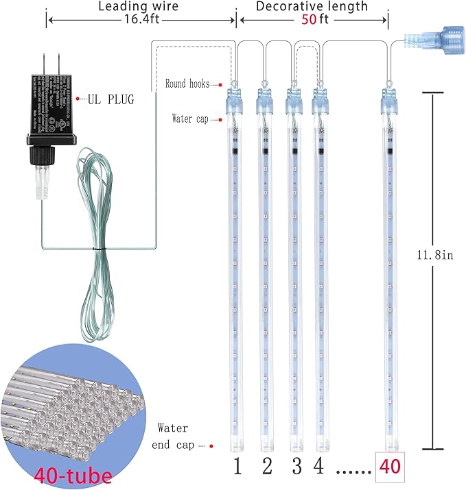 Outdoor Christmas Lights: 40 Tube(Equivalent to 5 Sets of 8-Tubes) Meteor Shower Rain Lights - Waterproof Christmas Halloween Decorations for Yard Outside Tree Roof, White