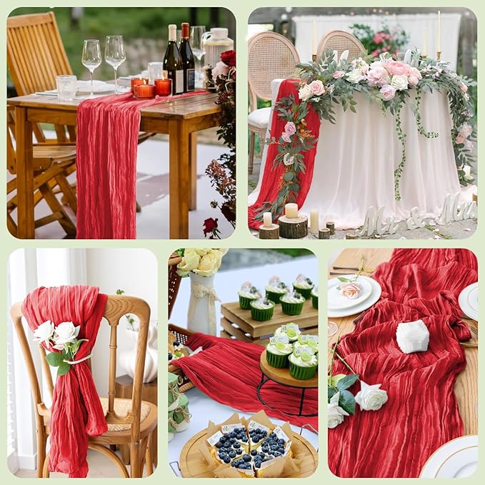 Wokceer Cheesecloth Table Runner 3Pack 10FT Red Boho Gauze Christmas Cheese Cloth Table Runner for Party Easter Rustic Sheer Table Runners for Baby Bridal Shower Wedding Table Decor