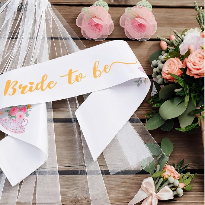 4 Pcs Tea Party Bridal Shower Favor Floral Tea Bride to Be Sash and Veil Bachelorette Party Decorations Flowers Teapot Theme Wedding Satin Sash Bridal Shower Gifts Engagement Supplies