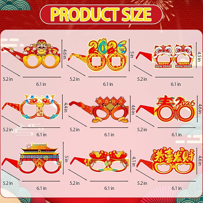 16PCS Chinese New Year Glasses, Lunar New Year Paper Eyeglasses Photo Booth Props for Year of the Horse Party Supplies