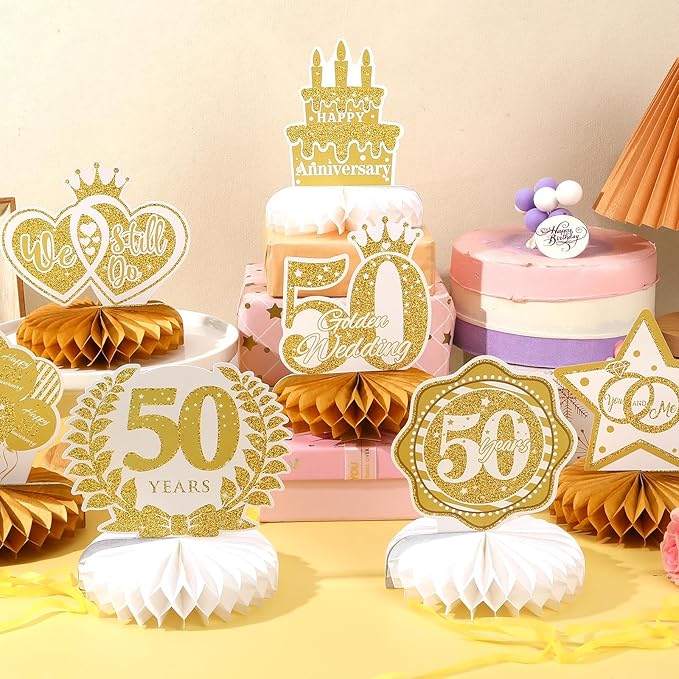 10 Pcs 50th Anniversary Decorations, 50th Wedding Anniversary Decorations 50th Anniversary Honeycomb Centerpiece White Gold Happy 50th Wedding Anniversary Party Centerpieces
