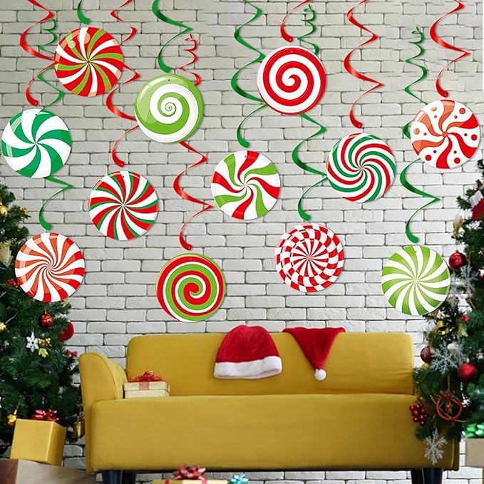 Christmas Candy Party-Decorations Garland Banners - 12Pcs Green Red White Streamers Hanging Swirl,Baby Shower Birthday Wedding Ornaments Classroom Supplies Decor Hugtmr
