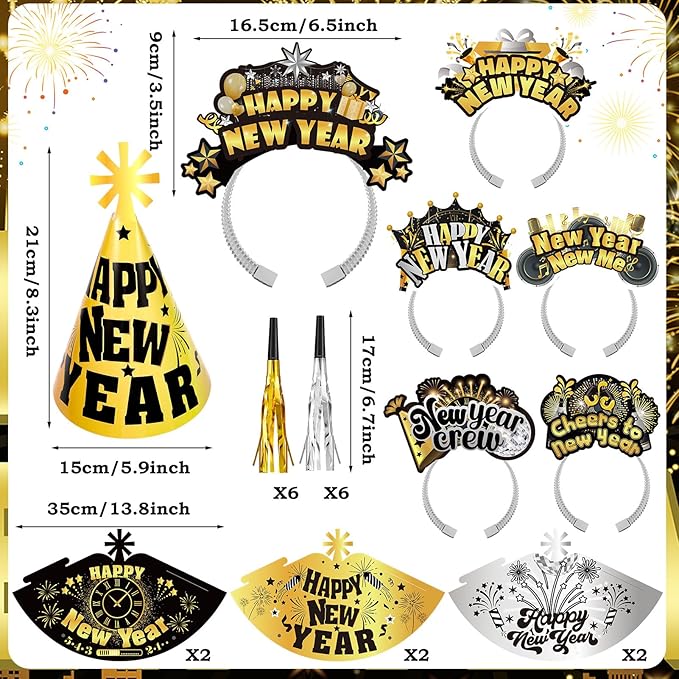 HOWAF 2026 New Year’s Eve Party Supplies, for 18 Guest, 2026 Happy New Year Party Decoration Include Cone Hats Tiaras Tassel Squawkers Glitter New Year Glasses 2026, Black and Gold Top Hats