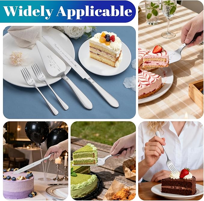 Cake Cutting Set for Wedding, Elegant Cake Knife and Server Set with Stainless Steel Forks, Cake Cutter and Pie Spatula for Couples Wedding Registry, Engagements, Anniversary, 4 Pcs, Silver