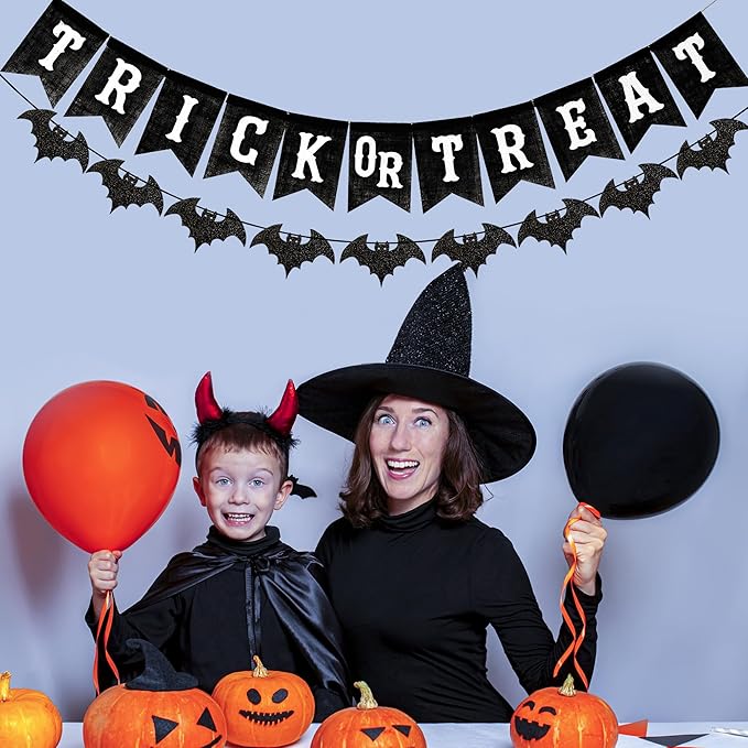 Black Trick or Treat Burlap Banner with Glitter Bat Garland,Halloween Mantel Fireplace Decorations,Pre-Strung Halloween Bunting for Wall Porch Party Indoor Outdoor Decor