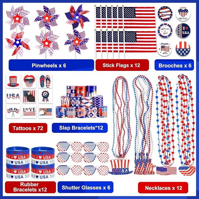 MGparty 4th of July Accessories, 138Pcs Patriotic Party Favors Supplies Set Fourth of July Decorations Independence Day Celebrations Memorial Day Decor Classroom Prizes for kids