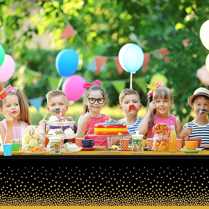 12 Pack Black and Gold Tablecloth Party Decorations Plastic Black Tablecloth Printed Gold Table Runner 54 x108 Inch Disposable Rectangle Table Cover for Birthday Wedding Graduation