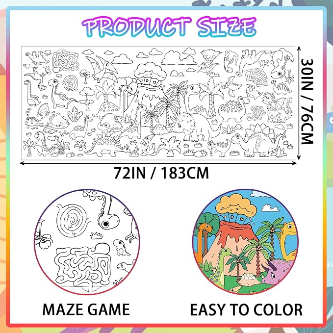 Dinosaur Party Giant Coloring Poster 30x72 Inches Large DIY Dinosaurs Coloring Tablecloth Versatile Classroom Wall Décor & Birthday Activity for Kids for School Home Party Supplies