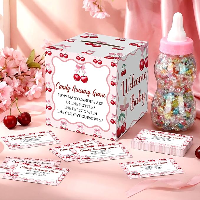 Glenmal 52 Pcs Cherry Baby Shower Games Gift Sets Large Baby Bottle for Shower Game Guess How Many Candies Decorations for Gender Reveal