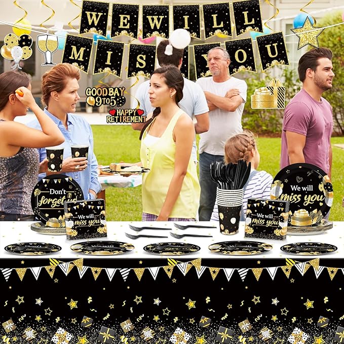 184pcs We Will Miss You Party Supplies Going Away Party Disposable Paper Plates Napkins Cups Tablecloth Swirl Banner Farewell Dessert Cake Dinner Tableware Leaving Retirement Party Decoration Serve 25