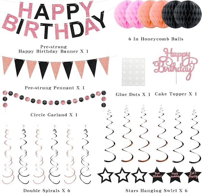 Birthday Decorations Pre-Strung Happy Birthday Banner for Women Girls Rose Gold Black Birthday Banners with Pennant Honeycomb Balls Cake Topper Stars Hanging Swirl Streamers Circle Dots Garland