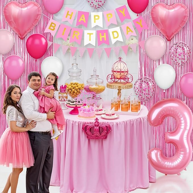 3rd Birthday Decorations for Girls: Hot Pink Balloons, Happy Birthday Banner, Fringe Curtain, Triangle Bunting, Cake Topper, Foil Heart Balloons, Glue, Ribbon