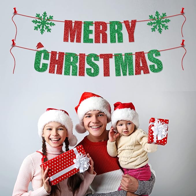 Red and Green Glitter Merry Christmas Banner, Feliz Navidad Banner Christmas Party Supplies, Indoor Xmas New Year Party Decorations Supplies