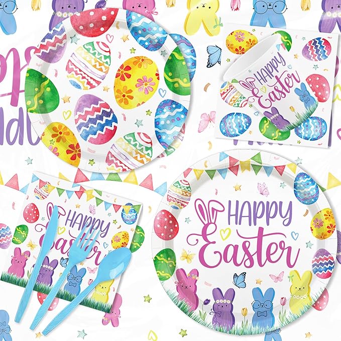 MEHOFOND 194pcs Easter Plates and Napkins, Happy Easter Paper Plates and Napkins Disposable, Spring Colorful Bunny and Eggs Theme Round Tableware, Rabbits Easter Party Supplies Table Decor, Serves 24