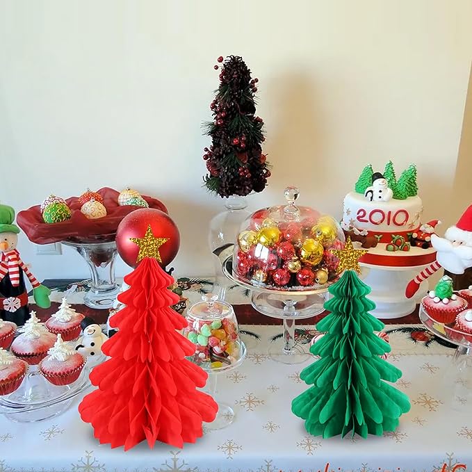BEISHIDA Red Green Christmas Decorations, 4 Pcs 3D Christmas Honeycomb Centerpieces for Tables, Tissue Paper Tree Garland Xmas Ceiling Hanging Party Decorations for Baby Shower New Year Party Supplies