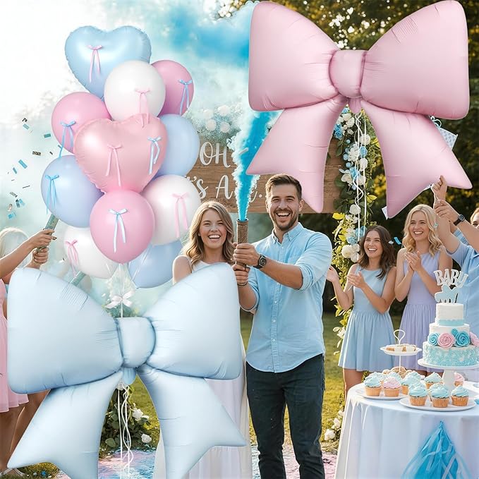 Gender Reveal Balloons, Pink and Blue Heart Balloons 38 Inch Bow Balloon, Baby Blue Light Pink White Balloon for Boys Girls Birthday Wedding Bridal Baby Shower Valentine Gender Reveal Decorations