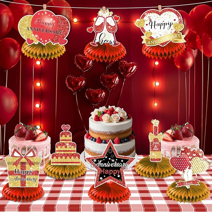 8Pcs Happy Wedding Anniversary Decorations Red Gold Anniversary Table Honeycomb Centerpiece Anniversary Table Toppers Party Supplies for Adult 10th 20th 30th 40th 50th 60th Anniversary Table Decor