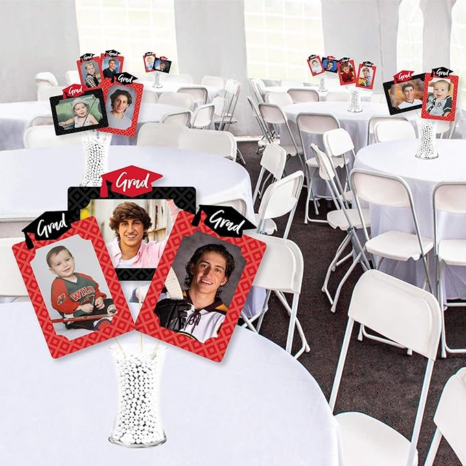 Big Dot of Happiness Red Graduation Photo Display Centerpiece Kit - 15 Double-Sided Photo Table Topper Sticks, Vertical and Horizontal 4x6 Picture Holders, DIY Party Decoration Set