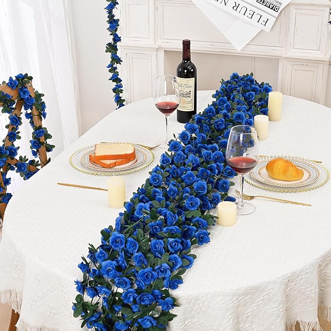 MARTINE MALL Flower Garland Rose Vines, 8 Strands 66Ft Flowers Vines for Bedroom, Rose Flower Garland Decoration, Sapphire Rose Floral Garland for Room Table Birthday Wedding Party Garden Wall Decor