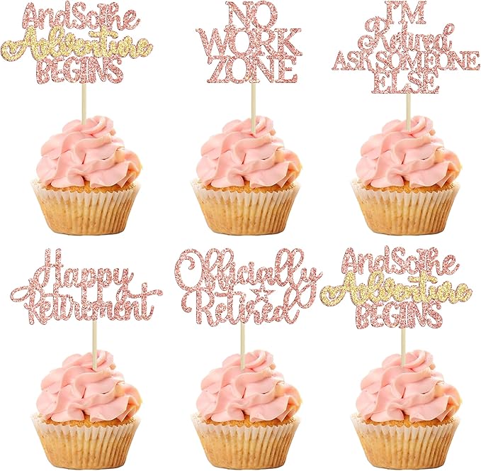 Gyufise 30PcsHappy Retirement Cupcake Toppers Officially Retired Cupcake Picks No Work Zone Adventure Begins Cake Decorations for Retirement Theme Farewell Birthday Party Decor Supplies Rose Gold