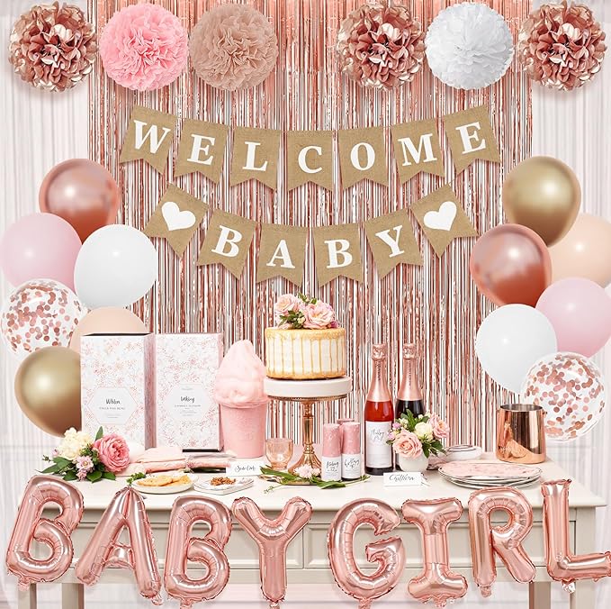 Ouddy Party Rose Gold Baby Shower Decorations for Girl with Welcome Baby Banner Baby Girls Rose Gold Pink Gold White Foil Balloons Fringe Curtains Paper Pom Poms for Baby Shower Reveal Party Supplies